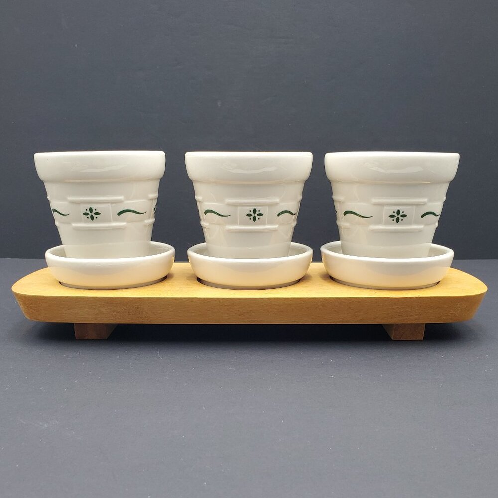 Longaberger Woven Traditions Heritage Green Flower Pots Saucers Woodcrafts Riser